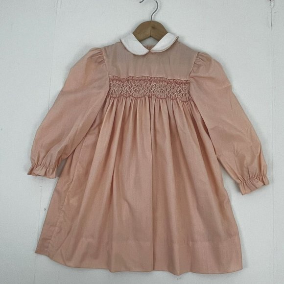 Vintage Polly Flinders Girl's Smocked Dress Peach Easter Spring